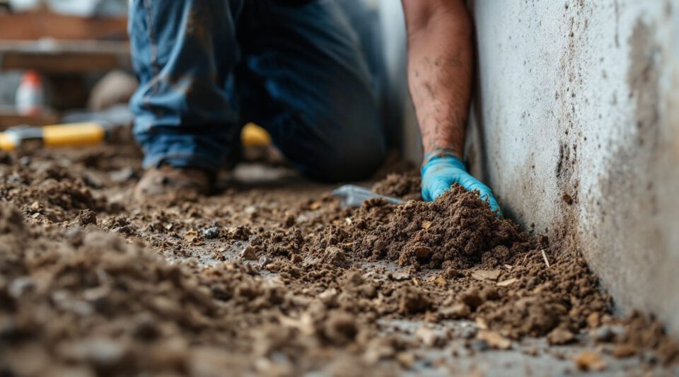 Certified mold remediation technician inspecting a wall for mold growth with specialized equipment