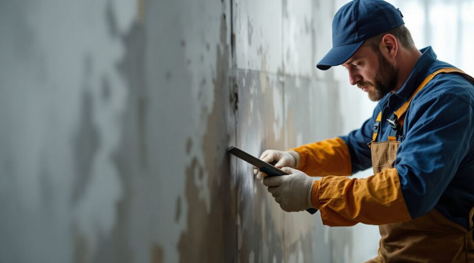 Professional technician in hazmat suit removing black mold from a wall