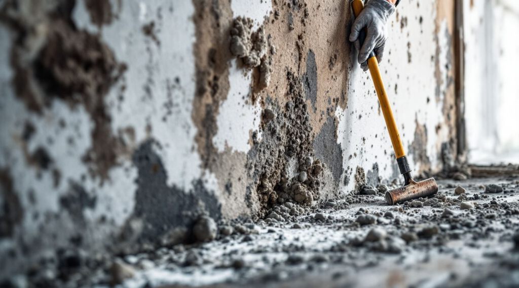 Certified mold remediation technician inspecting a wall for mold growth with specialized equipment